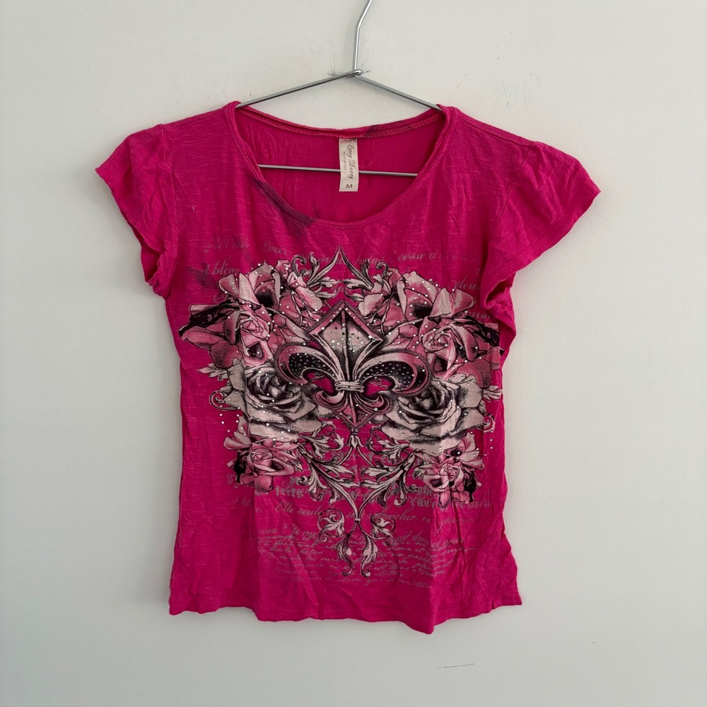 Lovey Dovey Pink Graphic Tee Fleur De Lis Rhinestone Short Sleeve Top Medium